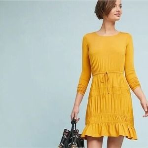 Anthropologie Ingrid Tiered-Ruffle Dress by Dolan Yellow‎ Gold Knit Size XL NWOT